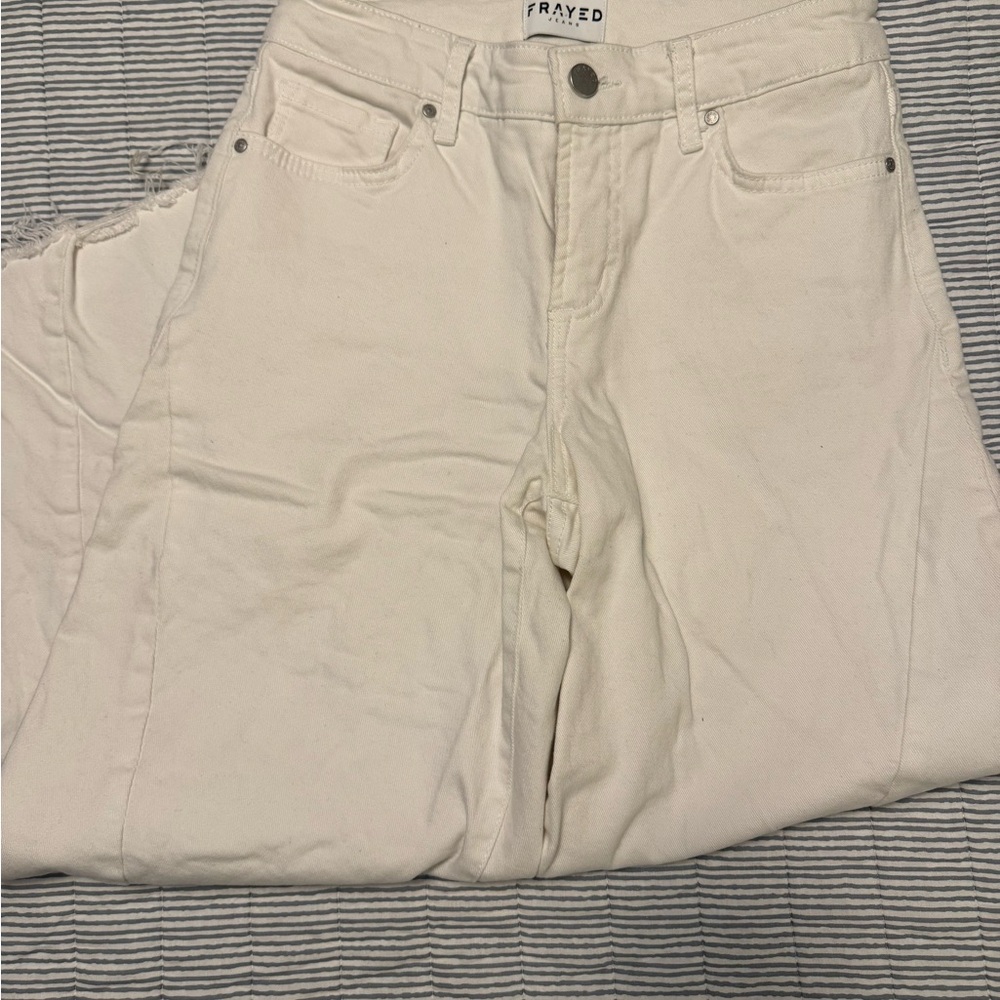 Cropped Wide Leg Frayed White Jeans